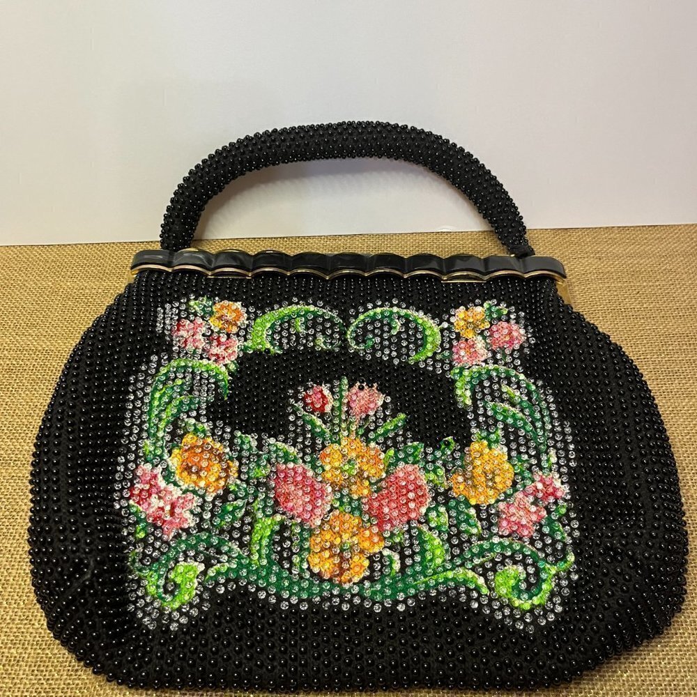 Vintage Rare Beaded Bag Black Floral Laura USA Purse